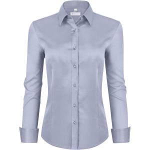 image:imagesiliteelon Womens ClassicFit Dress Shirts Long Sleeve Button Down WrinkleFree Stretch Solid Casual Work Office Blouse TopSilver Gray