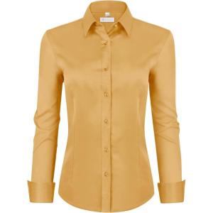image:imagesiliteelon Womens ClassicFit Dress Shirts Long Sleeve Button Down WrinkleFree Stretch Solid Casual Work Office Blouse TopYellow
