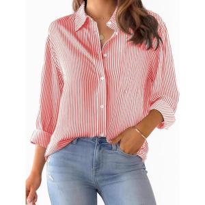 image:imagesiliteelon Womens Button Down Shirts Cotton Striped Dress Shirt Long Sleeve Collared Office Work Blouses Tops2red Pinstripe