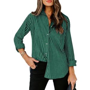 image:imagesiliteelon Womens Button Down Shirts Cotton Striped Dress Shirt Long Sleeve Collared Office Work Blouses TopsAg Green Striped