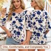 image:imageBlingfit Womens Tops 34 Length Sleeve Dressy Casual Shirts Bell Sleeve Front Pleated Fasion Trendy Summer Blouses 2026Bbig Blue Flower