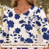 image:imageBlingfit Womens Tops 34 Length Sleeve Dressy Casual Shirts Bell Sleeve Front Pleated Fasion Trendy Summer Blouses 2026Bbig Blue Flower