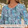 image:imageBlingfit Womens Tops 34 Length Sleeve Dressy Casual Shirts Bell Sleeve Front Pleated Fasion Trendy Summer Blouses 2026Bblue Cashew Flower