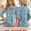 image:imageBlingfit Womens Tops 34 Length Sleeve Dressy Casual Shirts Bell Sleeve Front Pleated Fasion Trendy Summer Blouses 2026Bblue Cashew Flower
