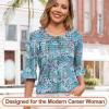 image:imageBlingfit Womens Tops 34 Length Sleeve Dressy Casual Shirts Bell Sleeve Front Pleated Fasion Trendy Summer Blouses 2026Bblue Cashew Flower