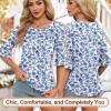 image:imageBlingfit Womens Tops 34 Length Sleeve Dressy Casual Shirts Bell Sleeve Front Pleated Fasion Trendy Summer Blouses 2026Bblue Flowers on White Background