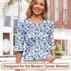 image:imageBlingfit Womens Tops 34 Length Sleeve Dressy Casual Shirts Bell Sleeve Front Pleated Fasion Trendy Summer Blouses 2026Bblue Flowers on White Background