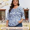 image:imageBlingfit Womens Tops 34 Length Sleeve Dressy Casual Shirts Bell Sleeve Front Pleated Fasion Trendy Summer Blouses 2026Bblue Flowers on White Background