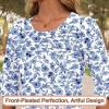 image:imageBlingfit Womens Tops 34 Length Sleeve Dressy Casual Shirts Bell Sleeve Front Pleated Fasion Trendy Summer Blouses 2026Bblue Flowers on White Background
