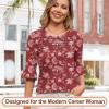 image:imageBlingfit Womens Tops 34 Length Sleeve Dressy Casual Shirts Bell Sleeve Front Pleated Fasion Trendy Summer Blouses 2026Bburgundy Print