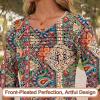 image:imageBlingfit Womens Tops 34 Length Sleeve Dressy Casual Shirts Bell Sleeve Front Pleated Fasion Trendy Summer Blouses 2026Bcolorful Printing
