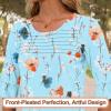image:imageBlingfit Womens Tops 34 Length Sleeve Dressy Casual Shirts Bell Sleeve Front Pleated Fasion Trendy Summer Blouses 2026Blake Green and Red Flowers