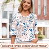 image:imageBlingfit Womens Tops 34 Length Sleeve Dressy Casual Shirts Bell Sleeve Front Pleated Fasion Trendy Summer Blouses 2026Bpink Flowers and Blue Leaves