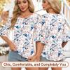 image:imageBlingfit Womens Tops 34 Length Sleeve Dressy Casual Shirts Bell Sleeve Front Pleated Fasion Trendy Summer Blouses 2026Bpink Flowers and Blue Leaves