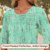 image:imageBlingfit Womens Tops 34 Length Sleeve Dressy Casual Shirts Bell Sleeve Front Pleated Fasion Trendy Summer Blouses 2026Bpink Flowers on Green Background