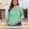 image:imageBlingfit Womens Tops 34 Length Sleeve Dressy Casual Shirts Bell Sleeve Front Pleated Fasion Trendy Summer Blouses 2026Bpink Flowers on Green Background