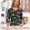 image:imageBlingfit Womens Tops 34 Length Sleeve Dressy Casual Shirts Bell Sleeve Front Pleated Fasion Trendy Summer Blouses 2026Bred Flowers on Black Background