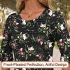 image:imageBlingfit Womens Tops 34 Length Sleeve Dressy Casual Shirts Bell Sleeve Front Pleated Fasion Trendy Summer Blouses 2026Bred Flowers on Black Background