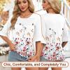 image:imageBlingfit Womens Tops 34 Length Sleeve Dressy Casual Shirts Bell Sleeve Front Pleated Fasion Trendy Summer Blouses 2026Bred Flowers on White Background