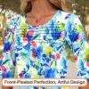 image:imageBlingfit Womens Tops 34 Length Sleeve Dressy Casual Shirts Bell Sleeve Front Pleated Fasion Trendy Summer Blouses 2026Light Blue Tiedye