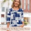 image:imageBlingfit Womens Tops 34 Length Sleeve Dressy Casual Shirts Bell Sleeve Front Pleated Fasion Trendy Summer Blouses 2026Navy Blue Strip