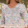 image:imageBlingfit Womens Tops 34 Length Sleeve Dressy Casual Shirts Bell Sleeve Front Pleated Fasion Trendy Summer Blouses 2026Pink Blue Flower