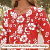 image:imageBlingfit Womens Tops 34 Length Sleeve Dressy Casual Shirts Bell Sleeve Front Pleated Fasion Trendy Summer Blouses 2026Red Background With White Flowers