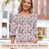 image:imageBlingfit Womens Tops 34 Length Sleeve Dressy Casual Shirts Bell Sleeve Front Pleated Fasion Trendy Summer Blouses 2026Red Flowers and Blue Leaves