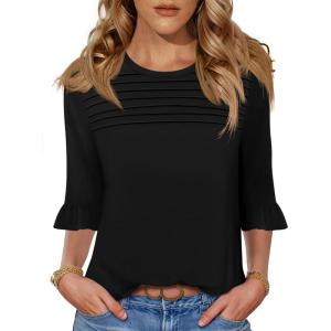 image:imageBlingfit Womens Tops 34 Length Sleeve Dressy Casual Shirts Bell Sleeve Front Pleated Fasion Trendy Summer Blouses 2026Ablack