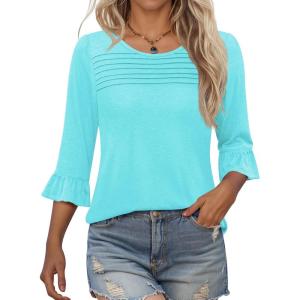 image:imageBlingfit Womens Tops 34 Length Sleeve Dressy Casual Shirts Bell Sleeve Front Pleated Fasion Trendy Summer Blouses 2026Alake Green