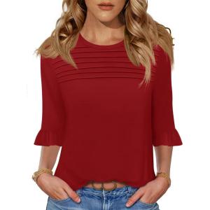 image:imageBlingfit Womens Tops 34 Length Sleeve Dressy Casual Shirts Bell Sleeve Front Pleated Fasion Trendy Summer Blouses 2026Awine Red