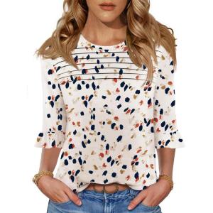 image:imageBlingfit Womens Tops 34 Length Sleeve Dressy Casual Shirts Bell Sleeve Front Pleated Fasion Trendy Summer Blouses 2026Bapricot Leopard Print