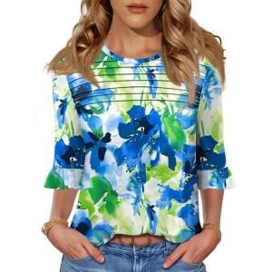 image:imageBlingfit Womens Tops 34 Length Sleeve Dressy Casual Shirts Bell Sleeve Front Pleated Fasion Trendy Summer Blouses 2026Bbfgl