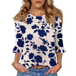 image:imageBlingfit Womens Tops 34 Length Sleeve Dressy Casual Shirts Bell Sleeve Front Pleated Fasion Trendy Summer Blouses 2026Bbig Blue Flower