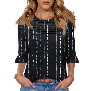 image:imageBlingfit Womens Tops 34 Length Sleeve Dressy Casual Shirts Bell Sleeve Front Pleated Fasion Trendy Summer Blouses 2026Bblack Background With White Stripes