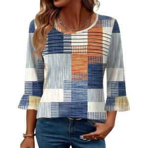 image:imageBlingfit Womens Tops 34 Length Sleeve Dressy Casual Shirts Bell Sleeve Front Pleated Fasion Trendy Summer Blouses 2026Bblanket Stitching