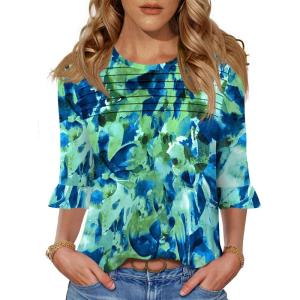 image:imageBlingfit Womens Tops 34 Length Sleeve Dressy Casual Shirts Bell Sleeve Front Pleated Fasion Trendy Summer Blouses 2026Bblgt