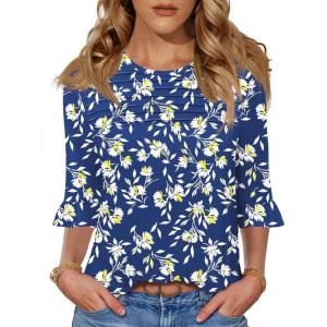 image:imageBlingfit Womens Tops 34 Length Sleeve Dressy Casual Shirts Bell Sleeve Front Pleated Fasion Trendy Summer Blouses 2026Bblue Background With Yellow Flowers