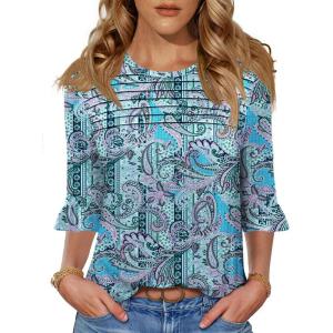 image:imageBlingfit Womens Tops 34 Length Sleeve Dressy Casual Shirts Bell Sleeve Front Pleated Fasion Trendy Summer Blouses 2026Bblue Cashew Flower