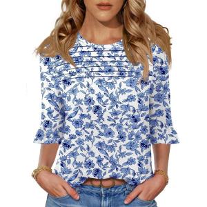 image:imageBlingfit Womens Tops 34 Length Sleeve Dressy Casual Shirts Bell Sleeve Front Pleated Fasion Trendy Summer Blouses 2026Bblue Flowers on White Background