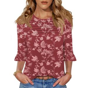 image:imageBlingfit Womens Tops 34 Length Sleeve Dressy Casual Shirts Bell Sleeve Front Pleated Fasion Trendy Summer Blouses 2026Bburgundy Print