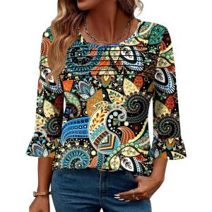 image:imageBlingfit Womens Tops 34 Length Sleeve Dressy Casual Shirts Bell Sleeve Front Pleated Fasion Trendy Summer Blouses 2026Bcashew Nuts on Black Background