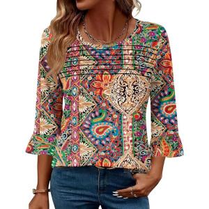 image:imageBlingfit Womens Tops 34 Length Sleeve Dressy Casual Shirts Bell Sleeve Front Pleated Fasion Trendy Summer Blouses 2026Bcolorful Printing