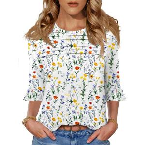 image:imageBlingfit Womens Tops 34 Length Sleeve Dressy Casual Shirts Bell Sleeve Front Pleated Fasion Trendy Summer Blouses 2026Bcolorful Yellow Flowers