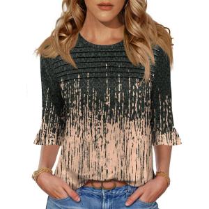 image:imageBlingfit Womens Tops 34 Length Sleeve Dressy Casual Shirts Bell Sleeve Front Pleated Fasion Trendy Summer Blouses 2026Bgray and Orange Wave