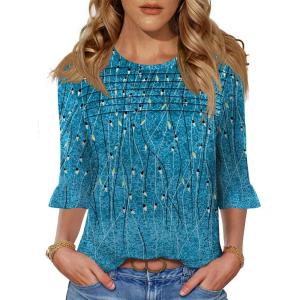 image:imageBlingfit Womens Tops 34 Length Sleeve Dressy Casual Shirts Bell Sleeve Front Pleated Fasion Trendy Summer Blouses 2026Bgreen Catkins
