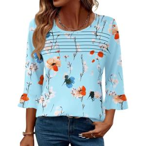 image:imageBlingfit Womens Tops 34 Length Sleeve Dressy Casual Shirts Bell Sleeve Front Pleated Fasion Trendy Summer Blouses 2026Blake Green and Red Flowers