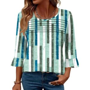image:imageBlingfit Womens Tops 34 Length Sleeve Dressy Casual Shirts Bell Sleeve Front Pleated Fasion Trendy Summer Blouses 2026Bline Stitching