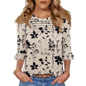 image:imageBlingfit Womens Tops 34 Length Sleeve Dressy Casual Shirts Bell Sleeve Front Pleated Fasion Trendy Summer Blouses 2026Bmaple Leaf Black Flower