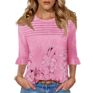 image:imageBlingfit Womens Tops 34 Length Sleeve Dressy Casual Shirts Bell Sleeve Front Pleated Fasion Trendy Summer Blouses 2026Bpink Background Printing